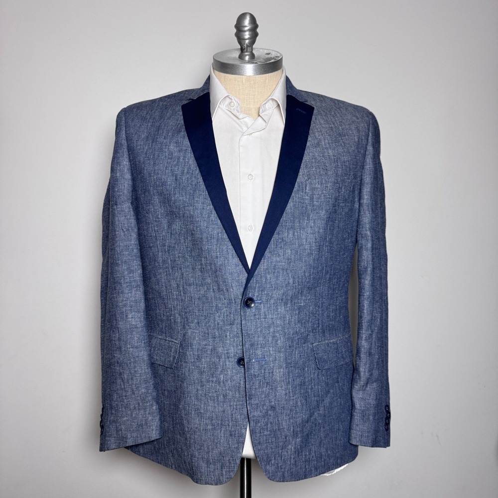 Sean John Blazer Mens XL 44R Blue Solid Linen Blend Contrast Peak Lapel Jacket
